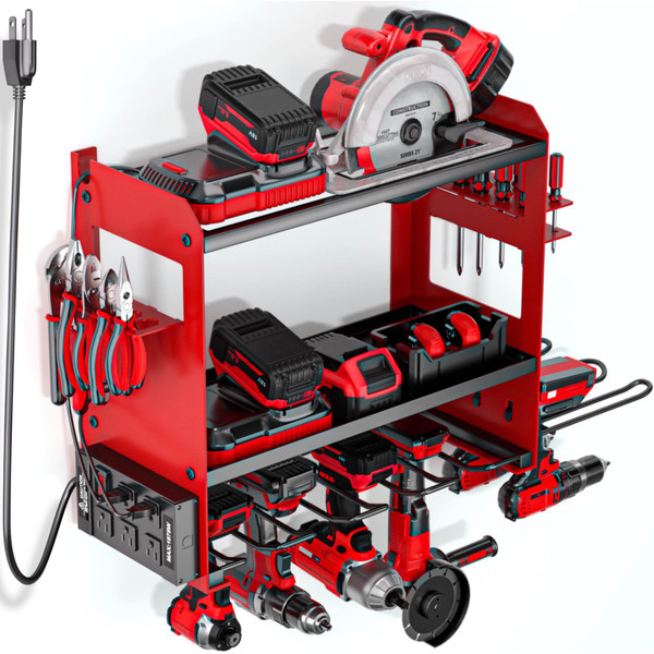 YYR Power Tool Organizer Wall Mount with Charging Station, Cordless Tools Hanger and Battery Storage Rack for Garage Organization, Heavy Duty Drill Holder Shelf Build in Metal Power Strip - Red