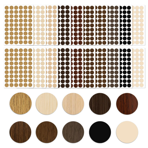 1080 Pcs Screw Hole Covers Stickers PVC Self-Adhesive Screw Covers Caps Dustproof Wood Textured Stickers for Furniture Wall Cabinet Desk 20mm 10 Colors
