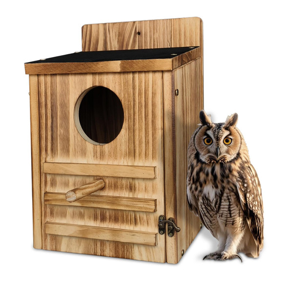 DRYLF Screech Owl House, Owl Bird Box Large Handmade Wooden Circular Opening Screech Box for Outside with Mounting Screws and A Bag of Wood Shavings, Easy Assembly Required (Brown, 9" x 14.5")-1