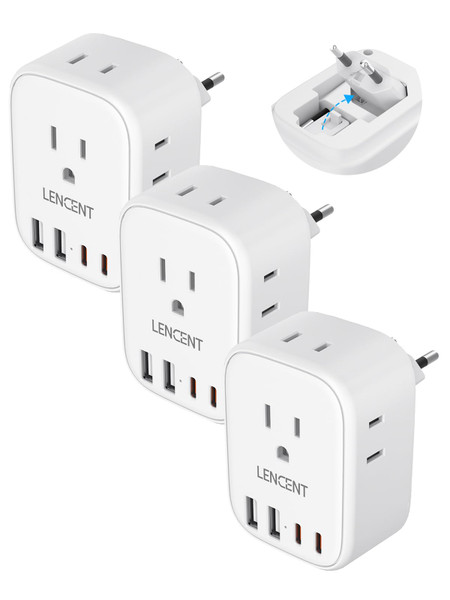 LENCENT 3 Pack European Travel Plug Adapter,US to Europe Type-C Foldable Power Plug with 4 Outlets 4 USB Ports (2 USB C), International Power Adapter for USA to EU Euro Iceland Spain Italy France