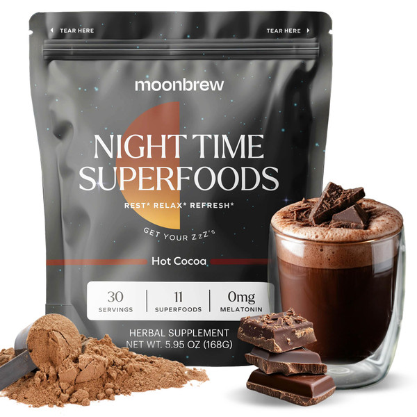 MoonBrew Nighttime Magnesium Hot Cocoa, Natural Sleep Aid Drink Mix for Adults - Calming Melatonin-Free Sleep Support - Sleepy Hot Chocolate Powder with L-Theanine, Chamomile & Zinc Glycinate