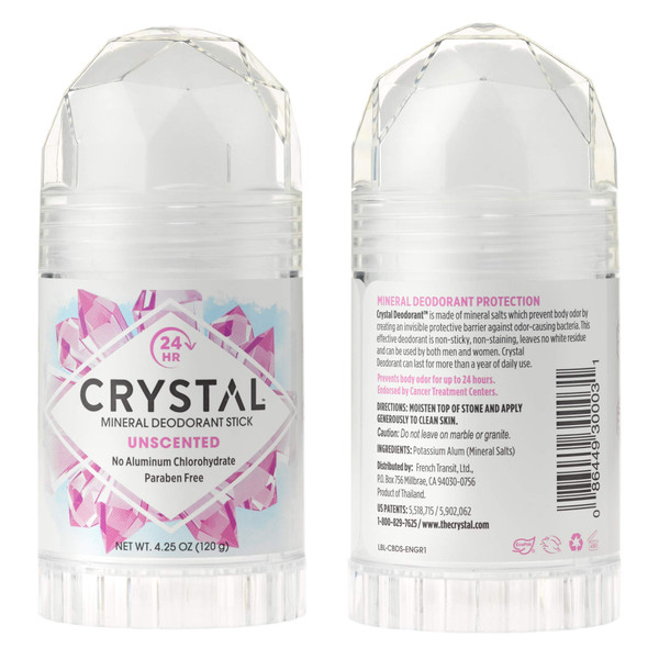 CRYSTAL Mineral Deodorant Stick - Unscented Body Deodorant With 24-Hour Odor Protection, Non-Staining & Non-Sticky, Aluminum Chloride & Paraben Free, 4.25 oz, (2 Pack) (Packaging May Vary)