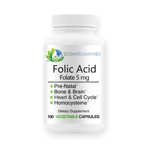 EcoIntegratives Folic Acid Folate 5mg (B9) Prenatal, Reproductive Health, Homocysteine, Metabolism, Cardiovascular, Bone, Immune Support, Allergen Free, Non GMO - 100 Vegan Capsules EcoIntegratives Folic Acid Folate 5mg (B9) Prenatal, Reproductive Health, Homocysteine, Metabolism, Cardiovascular, Bone, Immune Support, Allergen Free, Non GMO - 100 Vegan Capsules