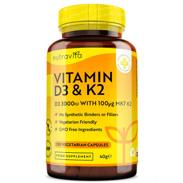 Vitamin D 3,000 IU & Vitamin K2 100ug MK7 Vegetarian Capsules - 120 Days Supply of Vitamin D3 Supplement Source of Cholecalciferol