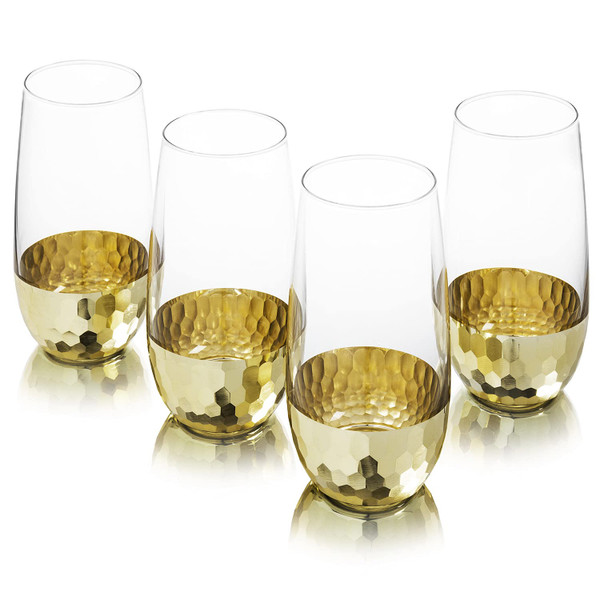 MyGift Stemless Wine Glasses Set of 4 with Hammered Brass Plated Base