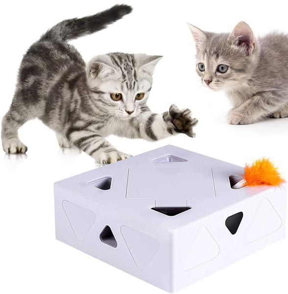 Smart Interactive Cat Toy, Ambush Interactive Electronic Cat Toy with Rotating Feather, Auto-Shut Off Funny Cat Feather Magic Box for Indoor Kitty Entertainment Exercise Catching Game (Rechargeable)