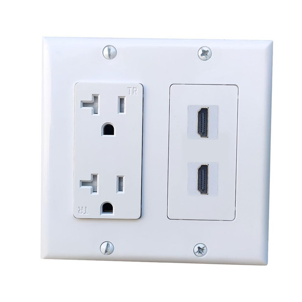 BUPLDET 2 Gang Power Outlet with 2 HDTV Port Wall Plate - 20Amp Electrical Wall Outlet and 4K/8K HDMI Cable Keystone Jack Cover Plate for TV Mount - White