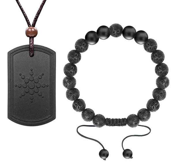 Necklace Pendant and Bracelet and Protection Sticker - (3 in 1 SET), Reduce Anxiety, Relieve Stress, Pendants and Bracelets Handcrafted from Natural Lava, Adjustable Cord Length, for Women/Men