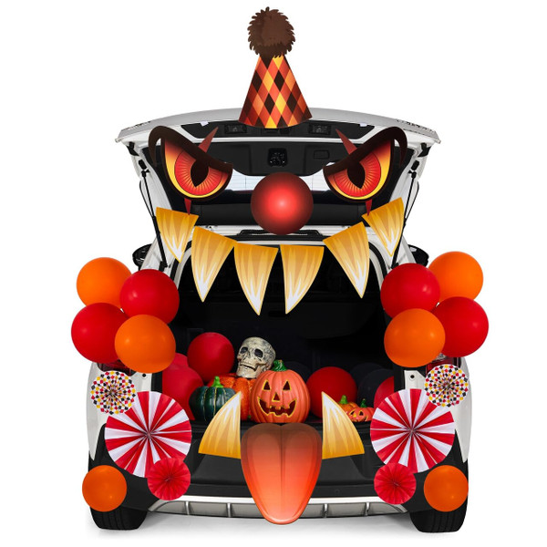 JOYIN Halloween Trunk or Treat Decorations Kit with Creepy Clown Design, Vehicle Archway Garage Door Decor Haunted House Stickers with Paper Flowers, Balloons