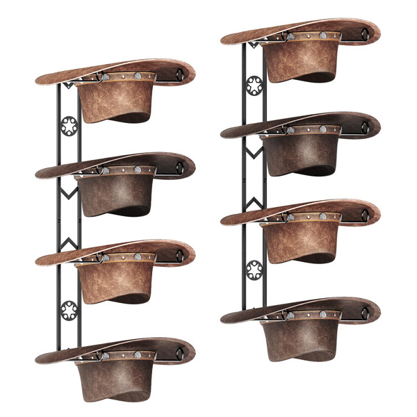 BEGULF 8 Pieces Cowboy Hat Organizer Hangers for Wall, Western Hat Rack Wall Mounted with Decorative Star, 2 Pack Metal Cowboy Hat Holder for Western, Cowboy, Beach, Fedora, Sun Hats (2 Pack)