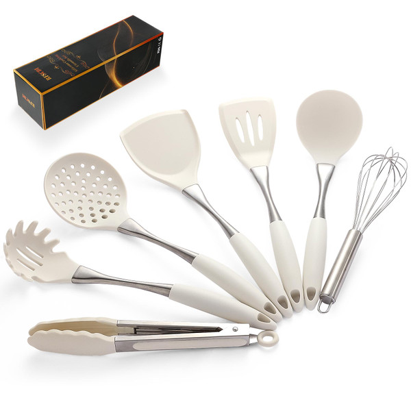 Premium White Silicone Cooking Utensils Set-Non-Toxic, Heat Resistant, BPA Free Kitchen Utensils Set with Spatula, Spoon, Whisk & Tongs-Non-Stick& Dishwasher Safe for Nonstick Cookware