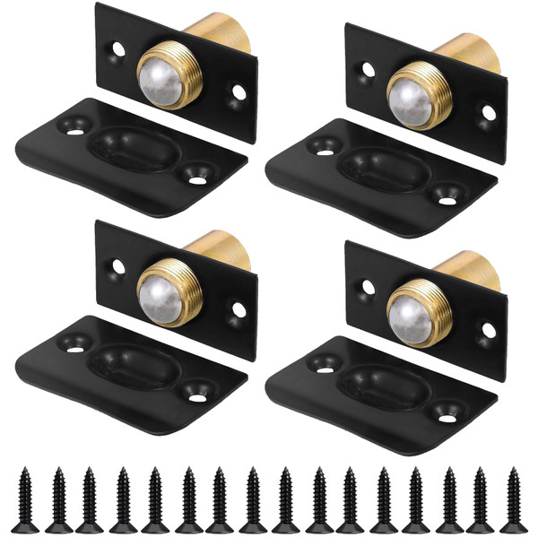 4Pack Adjustable Ball Door Catch, Closet Ball Bearing Door Latch, Strong Drive Closing Door Accessories for Interior Doors, Solid Brass Body & Stainless Steel Strike Plate Black