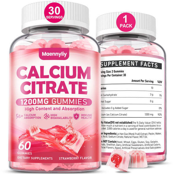 Calcium Citrate Gummies 1200 mg for Adults: Ultimate Absorption Calcium Supplement for Women & Men - Easy to Digest, Vegan, Non-GMO, Gluten Free - Natural Strawberry Flavor