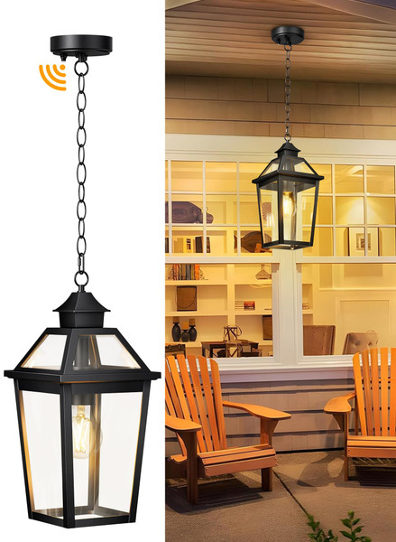 Slypadan Outdoor Pendant Light, Dusk to Dawn Outside Chandelier Lantern, Modern Black Waterproof Aluminum Exterior Hanging Light Fixture for Front Porch, Entryway,Yard, Patio (Bulb NOT Included)