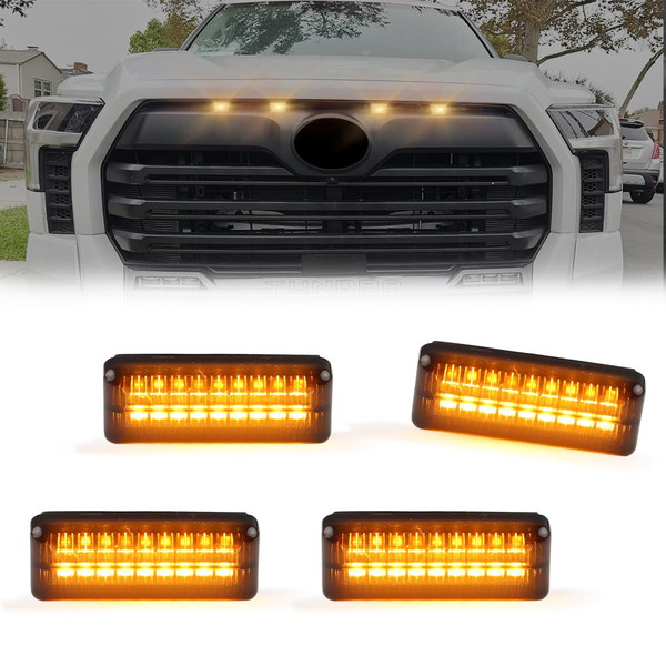 VANKUB 4Pcs LED Front Grille Light for Toyo-ta 2022 2023 2024 Tundra, Black-Out Smoked Lens Xenon Amber Full LED Grille Clearance Light Accessories