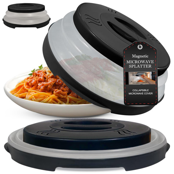 HOVER COVER High Power Magnetic Microwave Splatter Cover with Strongest Magnetic Grip, Collapsible 12-Inch BPA-Free Food Lid, Vented Plate Guard, Dishwasher Safe Space-Saving Storage - Black