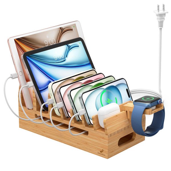 Pezin & Hulin Bamboo Charging Station with Watch Stand, Docking Holder for Multi Device with 5 Port USB Charger HUB, 5 Charge Cables, Desktop Electronic Organizer for Cellphone, Tablet, Watch