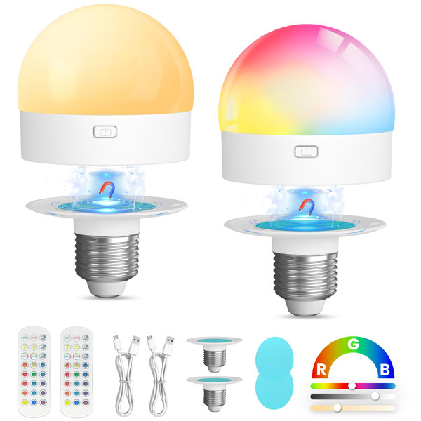 UNILAMP Rechargeable Light Bulbs for Lamps: 3000mAh E26 Battery Operated Bulb with Remote & Timer, 3 Color Temperature+12 RGB Magnetic Dimmable Puck Lights for Sconce, Non-Hardwired 2 Pack