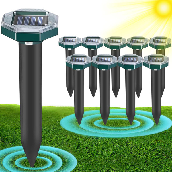 10 Pack Mole Repellent Solar Powered Snake Repellent for Yard- Ultrasonic Pest Repeller Gopher Rodent Rat Mouse Groundhog Skunk Chipmunk Vole Remover for Lawns Garden Yard Outside(10)