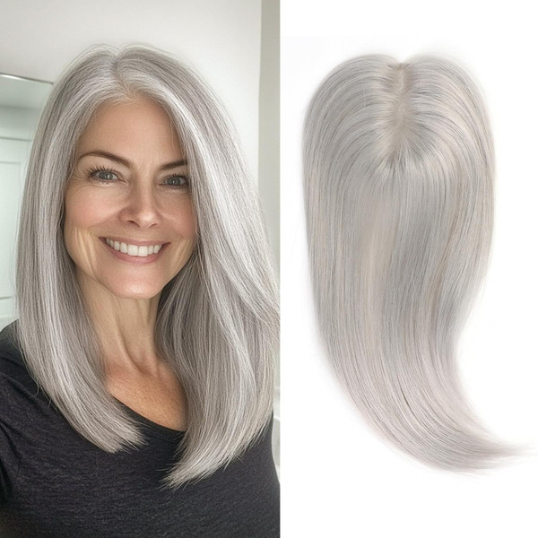 Uaismewow Hair Toppers for Women Real Human Hair 14inch Silver Grey Hair Toppers for Women with Thinning Silver Grey 4 Clips in Hair Pieces Breathable Silk Base with Babyhair for Summer