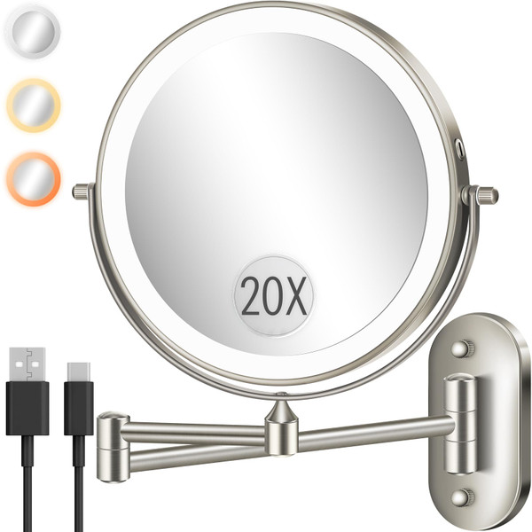 Wall Mounted Makeup Mirror with Light, 20X/1X 8'' Double Sided LED Magnifying Bathroom Lighted Vanity Mirror with Magnification, 3 Color Light up Touch Dimmable Extended Arm 360 Rotation-1763062912