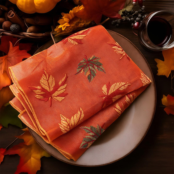 Breling 4 Pcs Fall Leaves Embroidery Tulle Napkins Thanksgiving Maple Leaf Napkins Cloth 17"x17" Terracotta Gauze Cheesecloth Dinner Decoration for Autumn Harvest Party Farmhouse Home Table Decor