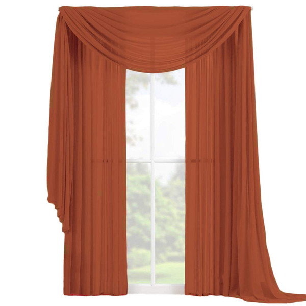 Decotex 3 Piece Elegant Sheer Voile Window Curtain Panel Drape Set includes 2 Panels and 1 Matching Scarf (95" Length, Brick)