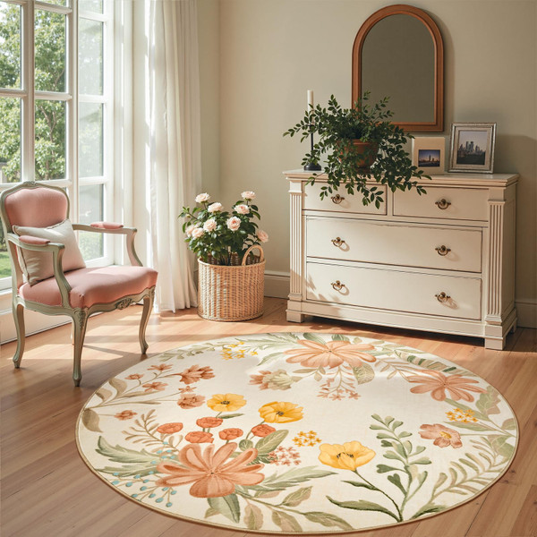jinchan 5ft Round Floral Area Rug for Bedroom - Washable Soft Non-Slip Flower Rug Circle 5' Round Accent Rug for Living Room Entryway Dining Room Coral Pink on Beige