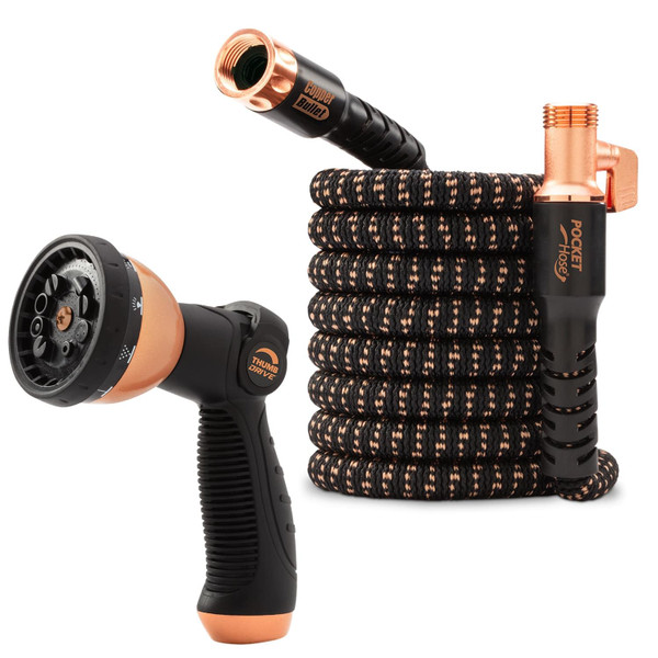 Pocket Hose Copper Bullet Deluxe Expandable Garden Hose 25 FT w/10 Pattern Thumb Spray Nozzle AS SEEN ON TV 650psi 3/4 in. Lead-Free Ultra-Lightweight Solid Copper Anodized Aluminum Fittings No-Kink