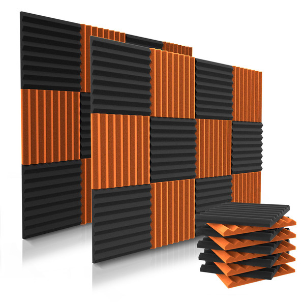 52 Pack Acoustic Panels 1 X 12 X 12 Inches - Acoustic Foam - Studio Foam Wedges - High Density Panels - Soundproof Wedges - Black/Orange