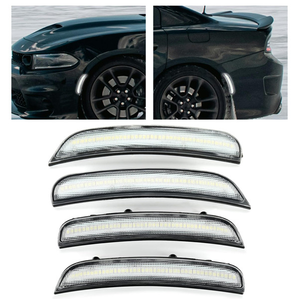 HECASA LED Side Marker Lights Compatible with 2015-2024 Dodge Charger Front & Rear Fender Lights Clear Lens Bumper Marker Reflectors Lamps Replace for 68214404AA 68214405AA 68214127AA 68214126AA 4Pcs