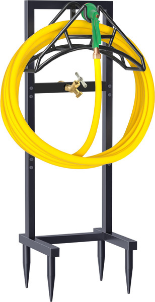 Artigarden Outdoor Garden Hose Holder Freestanding with Brass Faucet And 4 Spikes, Heavy Duty Metal Water Hose Reel Stand Hanger Rack Organizer Holds Storage 150ft Hose for Outside Yard Lawn, Black