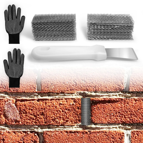 100 PCS Stainless Steel Brick Weep Hole Covers for Brick Walls ，2.75" Covers Can Be Cut or Stacked to Fill Weep Holes with Installation Gloves and Spatula.