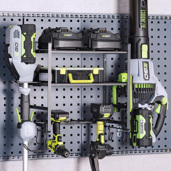 KAFAHOM Leaf Blower and Weed Eater Rack, Lawn Power Tool Organizer Wall Mount, Lawn Tool Storage Rack for Leaf Blower, Weed Eater, Battery, Charger, 3-Tier