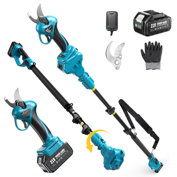 Seesii 2-in-1 Electric Pruning Shears with Pole, 15Ft Reach, 1.2" Cutting Diameter, 21V 4000mAh Battery, Cordless Pruner with Brushless Motor for Orchard, Flower, Branch, Tree Trimming