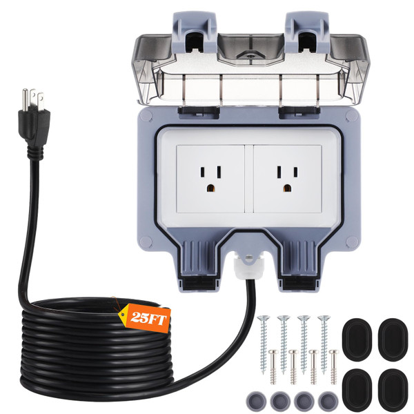 Kanayu Outdoor Outlet Box with 25ft Extension Cord, Dual 15 AMP 5-15 Receptacles Weatherproof Waterproof IP66 Outdoor Exterior Socket with Cover, 14 AWG/3C SJTW Cord