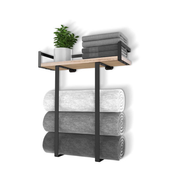 Xstydes Towel Racks for Bathroom Wall Mounted, Metal Towel Holder with Wooden Shelf for Folding Large Towels, Towel Storage for Small Bathroom Organizer Decor or RV Camping