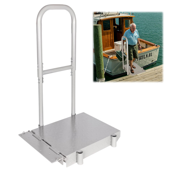 Sancunhui Folding Boat Boarding Platform with Handrail – Anti-Rust Dock Steps for Lake, 500lbs Capacity, Non-Slip Surface, Ground Lock & Bumper Strip – Dock Ramp for Boats, Pontoons, Yachts