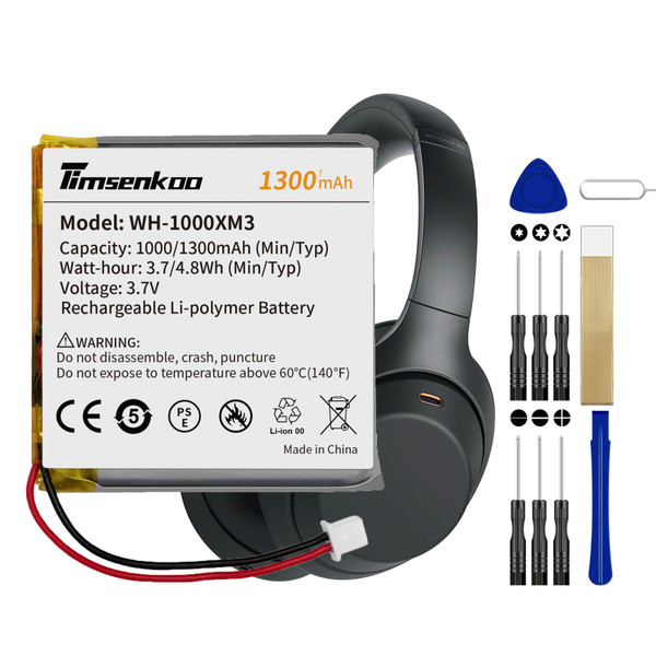 Timsenkoo 3.7V 1300mAh WH-1000XM4 Battery Replacement for Sony WH-1000XM3 WH-XB900N WH-H910N WH-CH710N SM-03 SP 624038 1588-0911 Bluetooth Headset Battery