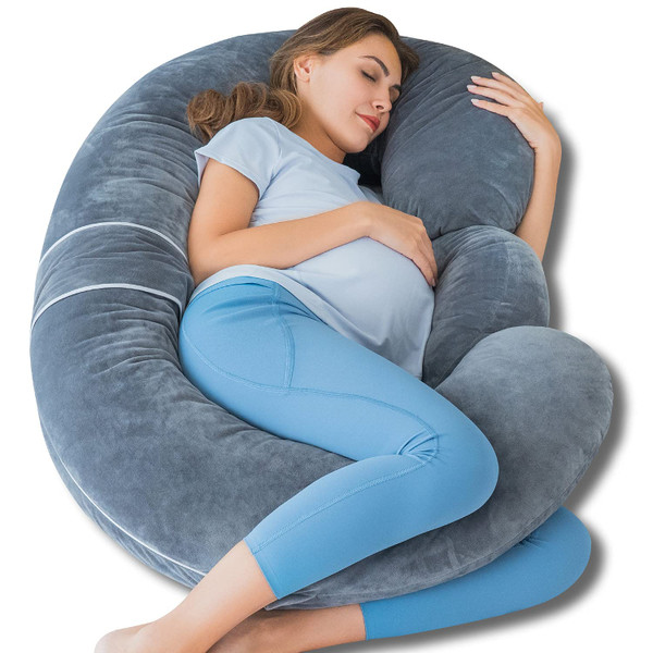QUEEN ROSE Pregnancy Pillows - E Shaped Pregnancy Pillows for Sleeping, Detachable Body Pillow for Pregnant Side Sleeper, Grey Velvet Cover, 60in