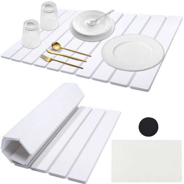 DOUBFIVSY Large Stone Dish Drying Mat for Kitchen Counter, 24"×16" Collapsible Kitchen Dish Drying Mat, Absorbent Diatomaceous Earth Bath Mat Quick Dry for Dishes Bottles Cups (White, 24" x 16")