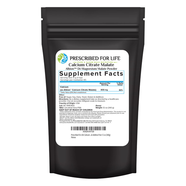 Prescribed for Life Calcium Citrate Malate, Pure Vegan Calcium Powder, Easy Absorption Formula, Non GMO, Filler & Additive Free (340g)