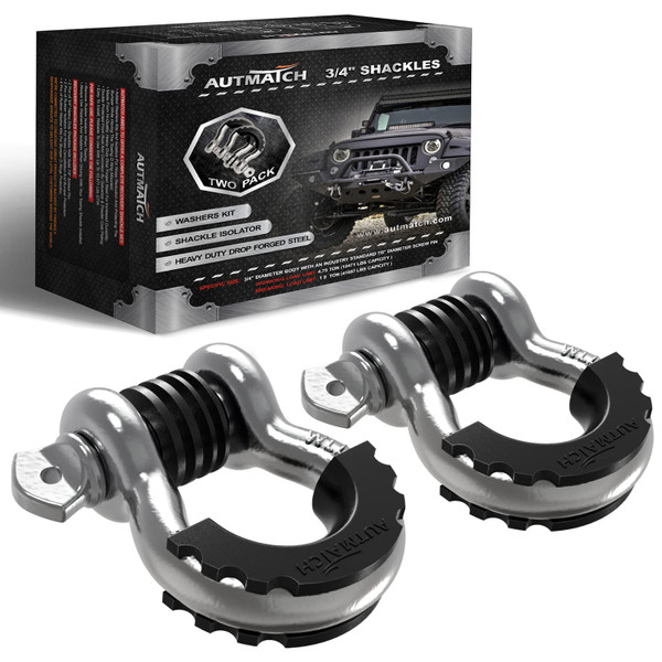AUTMATCH D Ring Shackle 3/4" Shackles (2 Pack) 41,887Ibs Break Strength, Clevis Shackle with 7/8" Screw Pin and Shackle Isolator Washers Kit for Tow Strap Winch Off Road Vehicle Recovery, Silver