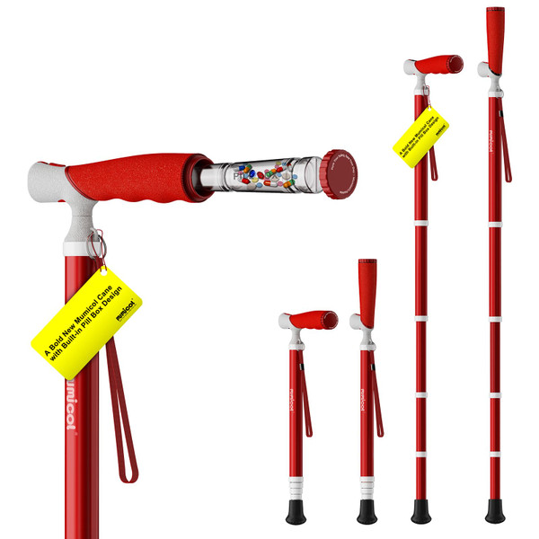 Mumicol Canes for Women for Stability, Walking Cane for Men, Folding Canes for Women Adjustable for Travel, Dual Modes Handle (Sticks or Canes) with Daily Pill Box (Red)