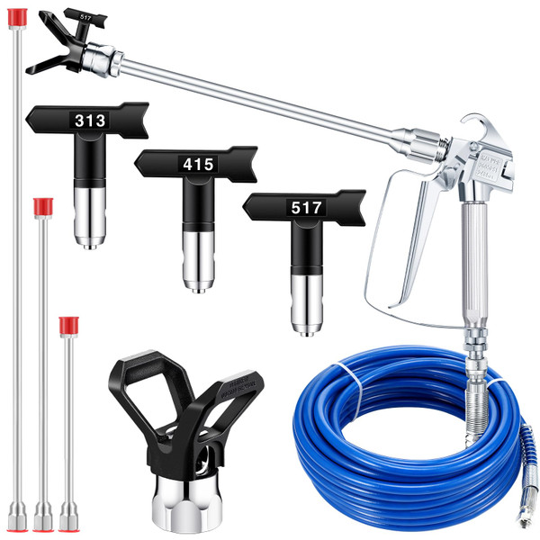 9 Pcs Airless Sprayer Gun Hose Kit 50ft 3600psi High Pressure Fiber Tube with Extension Rod Pole 313 415 517 Tip and Tip Guard Swivel Joint Paint Sprayer Hose Set for Homes Buildings (Black)