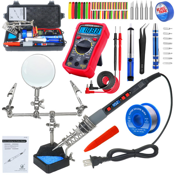 KEPIOG Soldering Iron Kit, 80W Electric Solder iron, Adjustable Temperature (180°C- 500°C）, With Multimeter, Magnifier Welding Helping Hand, Heat shrink tubing, Solder Wire, Desoldering pump.
