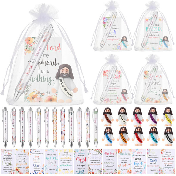 Cinnvoice 12 Set Little Jesus Figures and Christian Jesus Pens Gift Sunday School Prize Religious Pen with Prayer Cards Catholic Back to School Gift for Christian Party Favors