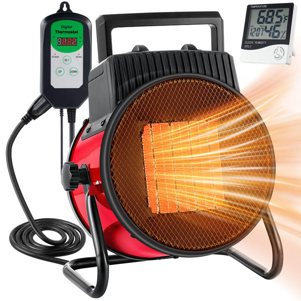 Dreyoo Greenhouse Heater Fan with Digital Thermostat, 1500W Quick Heating for Grow Tent Seed Germination, Electric Garage Warmer, Indoor Outdoor Heater, Suitable for 120 Square Feet(Red)