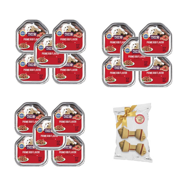 HEART TO TAIL 15 Trays Wet Dog Food 3.5 OZ Prime Rib Flavor RED + Gift Bone