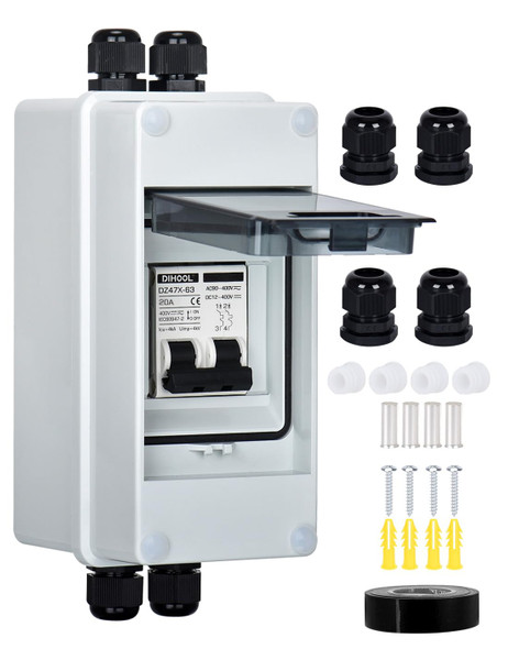 DIHOOL AC DC Circuit Breaker with IP65 Din Box for Solar Systems, 20 Amp 2 Pole 12V-400V, Non Polarized, Solar Panel Disconnect Switch, PV Array Shut Off Isolator